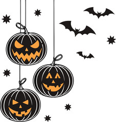 Halloween party background with scary pumpkin face, bats, hanging from top isolated on png or transparent texture, template for poster, brochure, promotion,sale marketing vector illustration