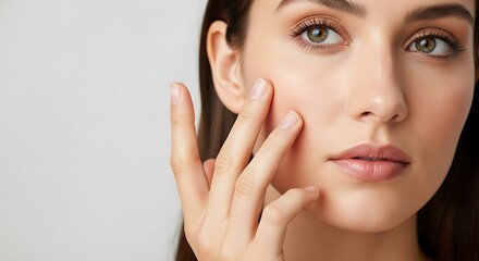 Portrait of a Young Woman Touching Her Face in a Skincare Concept, Close-up Portrait of a Young Woman with Hazel Eyes Touching Her Cheek