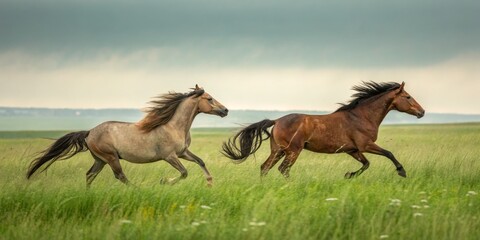 Wild Horses Running Free in Meadow, equine, freedom