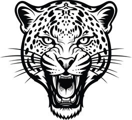 A ferocious jaguar head roars with its sharp teeth showing, isolated on white background