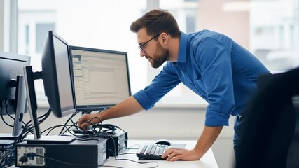 Technician Inspecting Computer Cables and Monitors in Modern Office Environment
