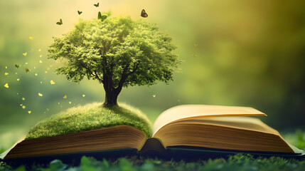 Tree grows from open book, symbolizing knowledge and growth in magical, serene setting
