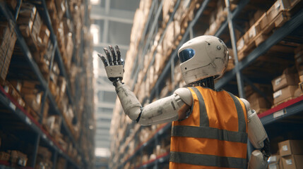 A warehouse worker waving to a humanoid AI that assists with inventory, both standing beside shelves glowing with augmented tags. 