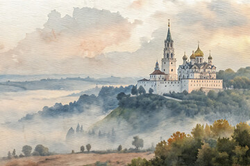 Majestic white monastery perched on a misty hill at sunrise