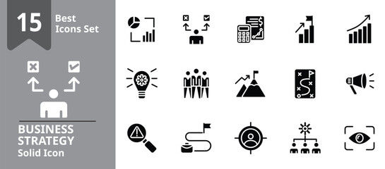 Solid icon set representing business strategy elements including goal setting, market research, SWOT analysis, roadmap planning, KPI tracking, and innovation models, perfect for presentations.