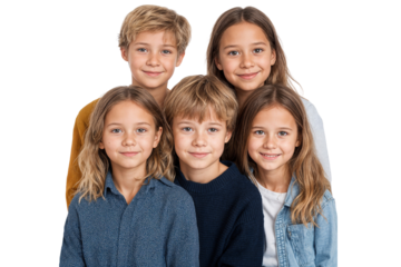Group of happy, diverse children with bright smiles, posing together, showcasing friendship and joy