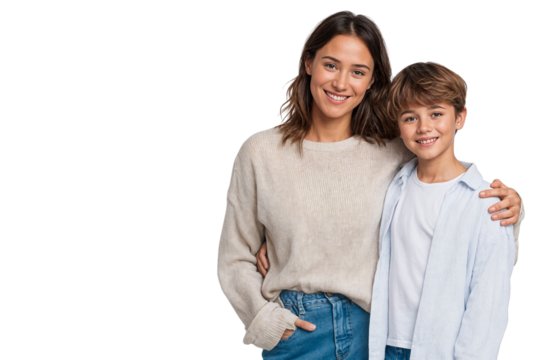 Joyful young mother and her son, smiling together with an arm around each other, isolated on transparent background