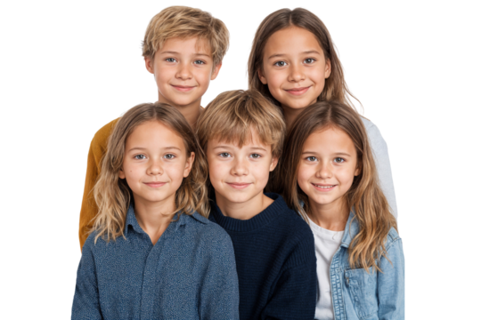 Group of happy, diverse children with bright smiles, posing together, showcasing friendship and joy - Powered by Adobe