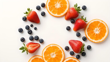 Naklejka premium Fresh fruit arrangement featuring strawberries, blueberries, and oranges on a plain background