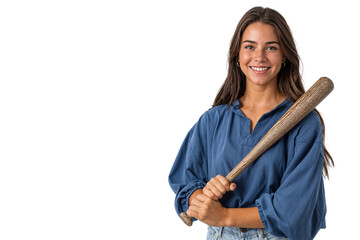 Smiling young woman holding a baseball bat, ready for the game isolated on transparent background