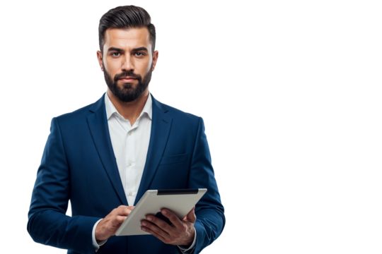Portrait of a stylish manager holding a tablet, looking directly at the camera, isolated on white background