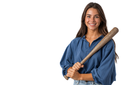 Smiling young woman holding a baseball bat, ready for the game isolated on transparent background