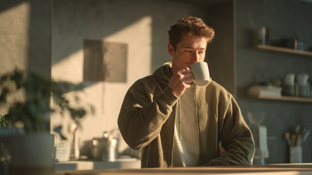 A young man sipping coffee in a sunlit kitchen while glancing at a floating holographic calendar displaying his to-do list and meeting alerts.