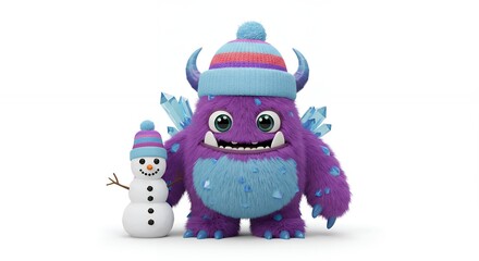 Cartoon purple monster with snowman illustration