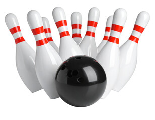 Classic Bowling Ball Strikes Pins &ndash; Action Scene Isolated on White Background