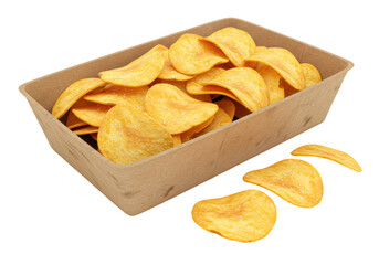 Isolated Box of Crispy Potato Chips with Scattered Pieces