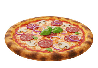 Isolated Fresh Pizza with Pepperoni Mushrooms Onions and Basil