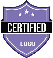 Certified stamp badge vector in premium purple color with bold typography