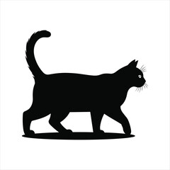 Black cat silhouette walking with tail up on white background animal