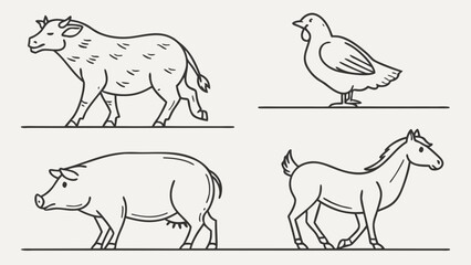 Clean line drawing icons of rural animals, flat design vector set, matching style for all icons, minimal farm animal pack for agriculture infographic