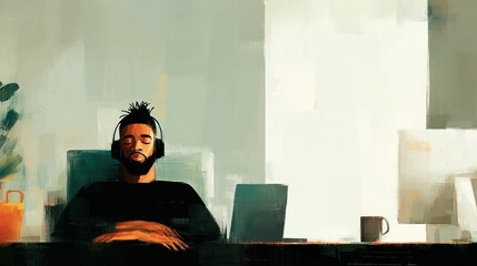 Relaxed Focus: Young Man Meditating with Headphones in Modern Workspace