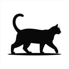 Black cat silhouette walking with tail curled high on white background feline animal