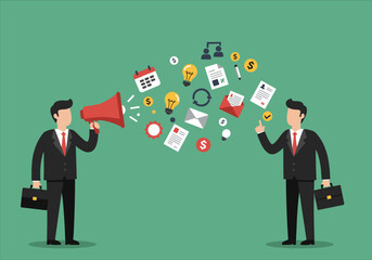 Businessmen communicate ideas and information using a megaphone and various icons representing marketing, finance, and planning.