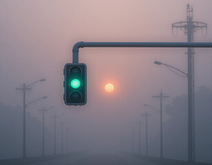 Green traffic light against hazy sunset with power lines in the fog