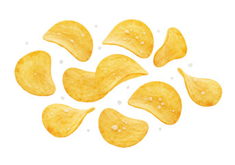 Isolated Scattered Crispy Potato Chips with Salt