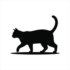 Black cat silhouette walking with tail up on white background feline animal