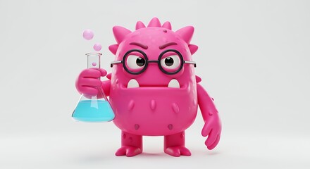 Fototapeta premium Pink cartoon monster with beaker