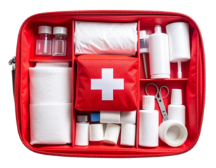  Open First Aid Box with Supplies – Top View Flat Lay, Isolated