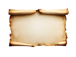 Aged parchment scroll with burnt edges on transparent background, cut out, PNG 3D Digital Art, clip art.