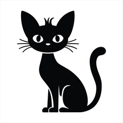 Black cat silhouette with large eyes sitting on white background animal