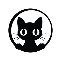 Black cat silhouette with large white eyes peeking from behind a circle round