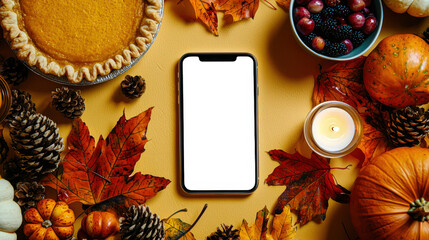 Discounts, promotions, and sales in honor of Thanksgiving. Phone mockup. A mobile phone with an empty white screen lies on a table with pumpkin pie, candles, pine cones and leaves