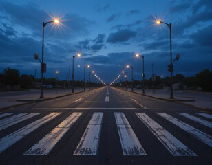 Empty street illuminated by streetlights during twilight with crosswalk
