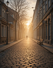 Solitary figure walking down cobblestone street at sunrise with fog