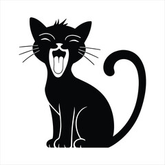 Black cat silhouette yawning widely with eyes closed and tail curled stretching