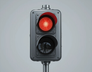 Red traffic light signaling stop with pedestrian silhouette in shadow
