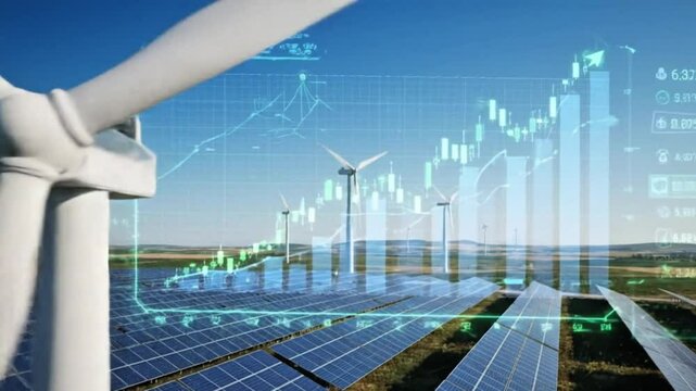 Smart renewable energy system with solar panels and wind turbines at sunset - Powered by Adobe