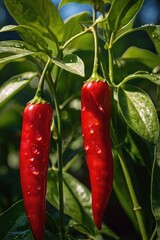 Fiery Red Two Vibrant Chili Peppers on the Vine, a Fresh Spice from the Garden