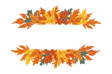 Hand drawn banner frame with colorful autumn maple leaves in orange, yellow and green, isolated on white background. Concept of fall decoration, seasonal greeting and nature design