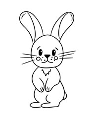 Hand drawn cute hare sitting with big ears and sweet expression, isolated on white background. Concept of forest animal, innocence and childrens coloring page
