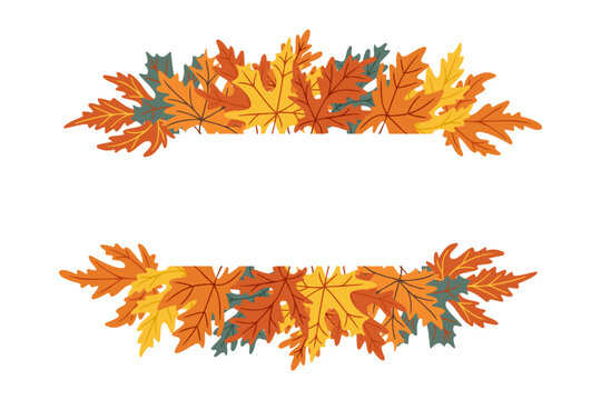 Hand drawn banner frame with colorful autumn maple leaves in orange, yellow and green, isolated on white background. Concept of fall decoration, seasonal greeting and nature design