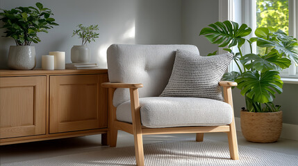 Stylish Interior with Contemporary Furniture and Vibrant Greenery in a Calm, Earth-Toned Living Space, modern interior design, cozy living room, neutral tones, indoor plants, home decor,
minimalist 