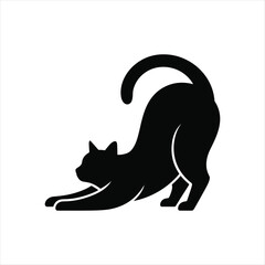 Black cat stretching silhouette on white background feline animal
