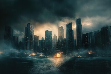 Obraz premium chaotic cityskyline during a stormy apocalypse