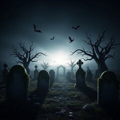 A spooky graveyard scene featuring tombstones, bare trees, and flying bats under a dark, foggy sky.
