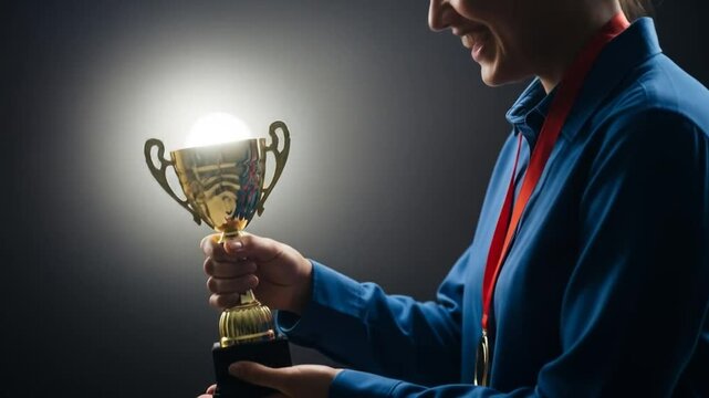 Woman Smiling and Holding a Gold Trophy with Red Medal in Dark Studio